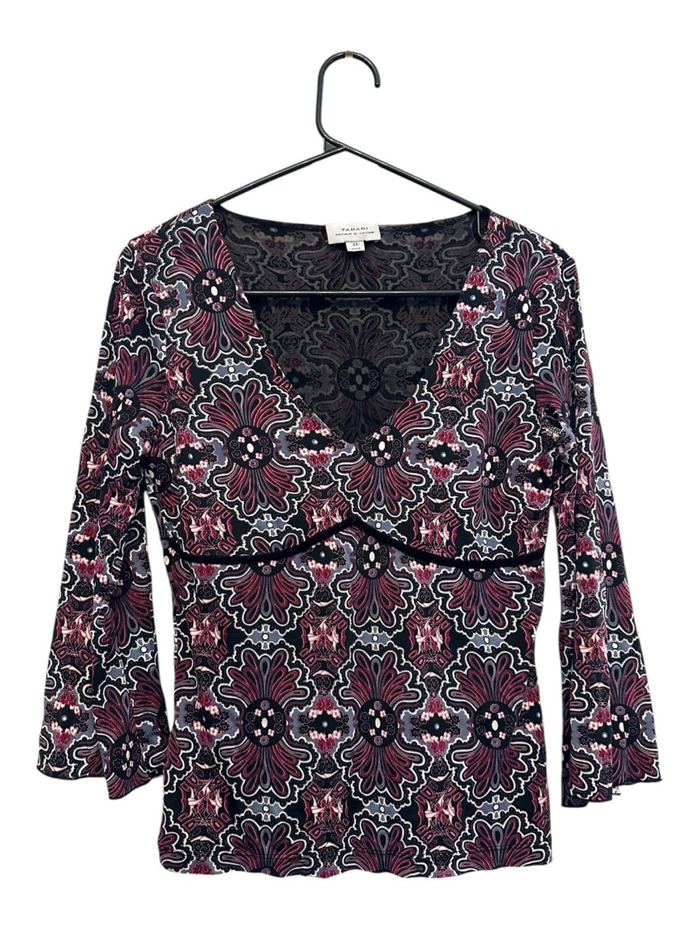 Vintage Y2K Dark Fairy Tahari 100% Silk Floral V-Neck 3/4 Sleeve Blouse Size XS